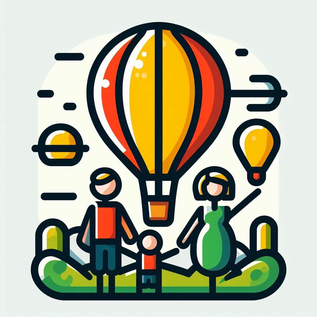 A family enjoying a ballooning adventure with a hot air balloon in the sky.